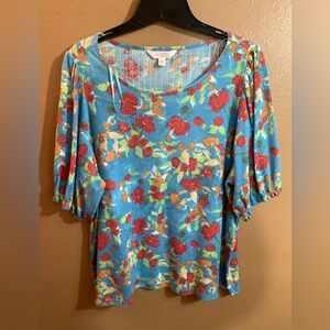 Lauren Conrad Blue Floral Puff-Sleeve Women's Top - XXL